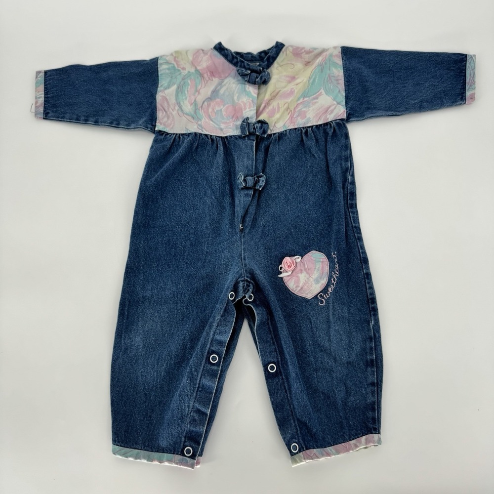 Vintage Denim Baby Girls Jumpsuit‎ Size 18 Months Embroidered Sweetheart